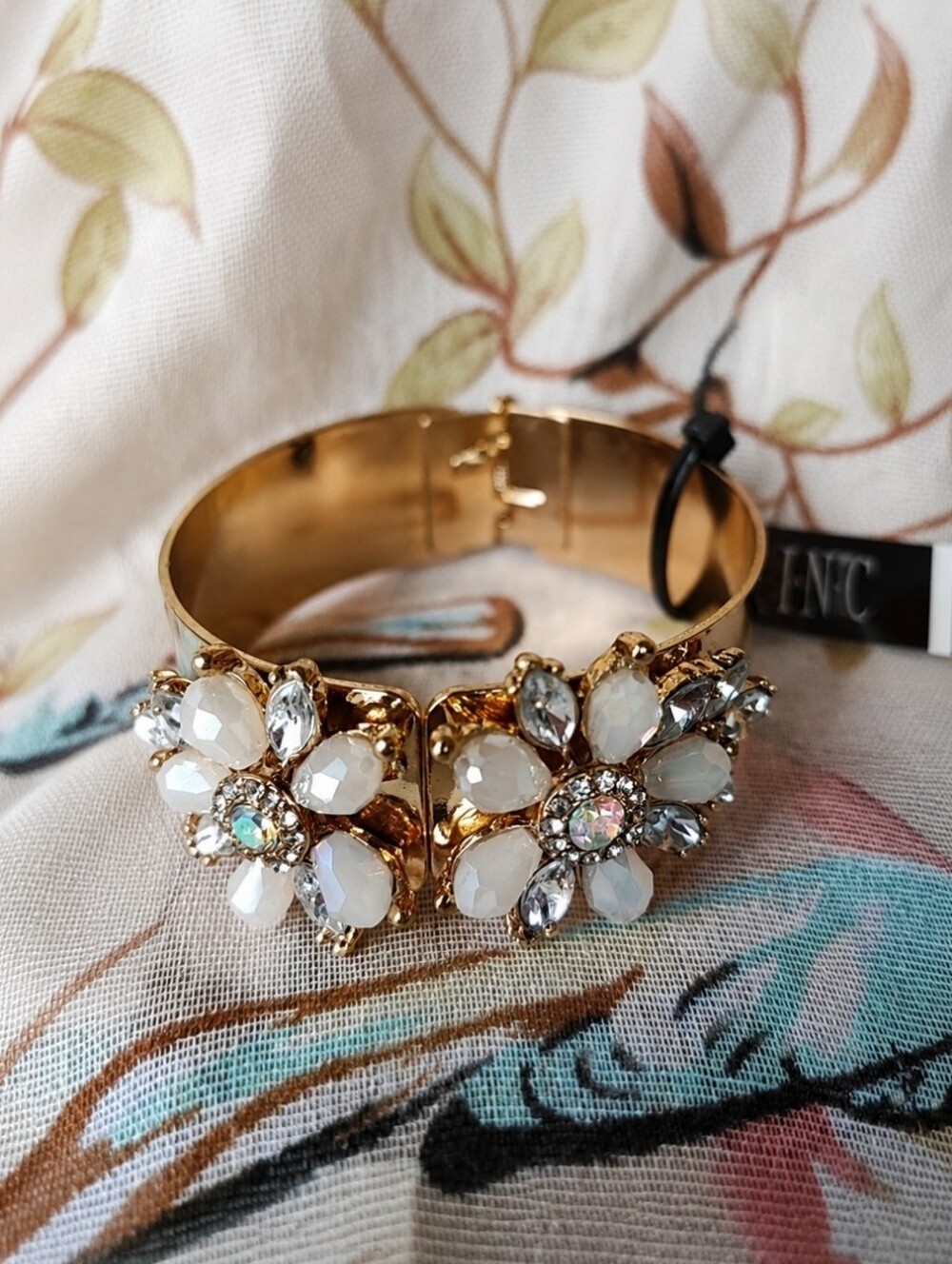 INC Brand Shiny Gold Tone Clamper Bracelet Milky Pink Clear Marquis Stones NWT